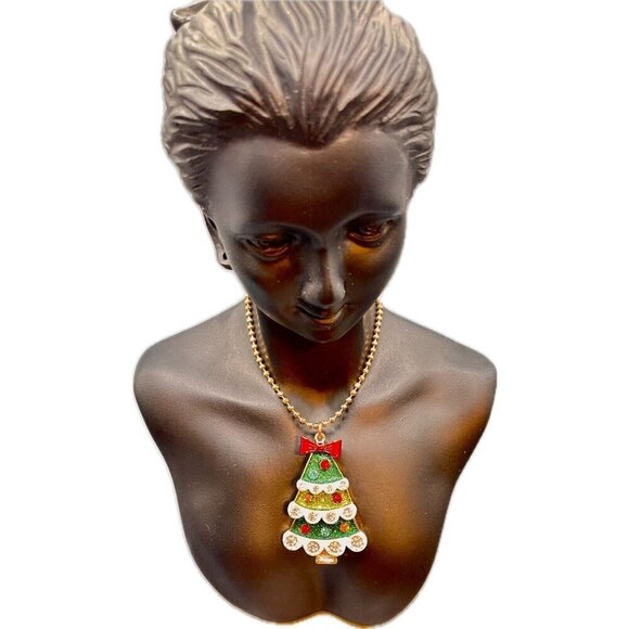 Betsey Johnson Glitter & Crystal Xmas Tree Moveable Parts Beaded Chain Necklace - Picture 3 of 4